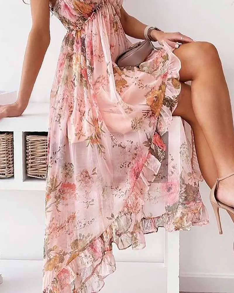 Frill hem ruffles floral print asymmetrical dress