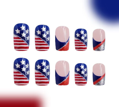 American Flag Shiny Square False Nails