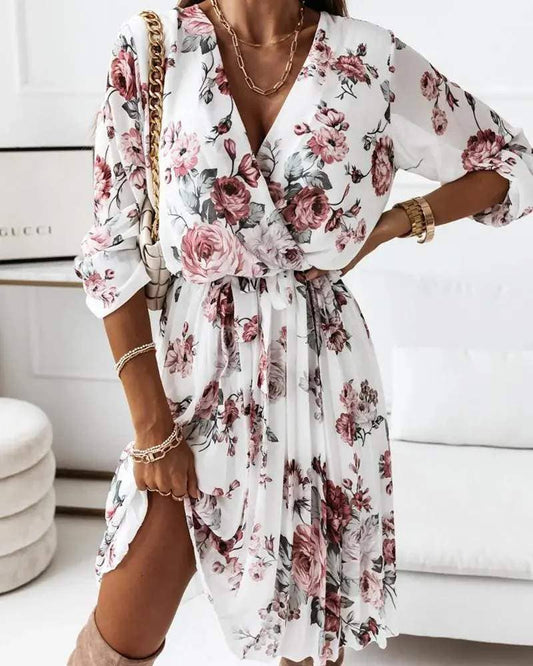 Floral print overlap pleated chiffon dress