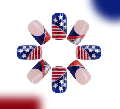 American Flag Shiny Square False Nails
