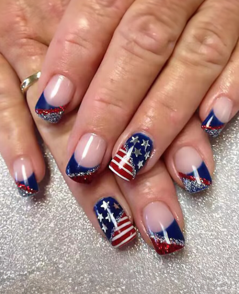 American Flag Shiny Square False Nails