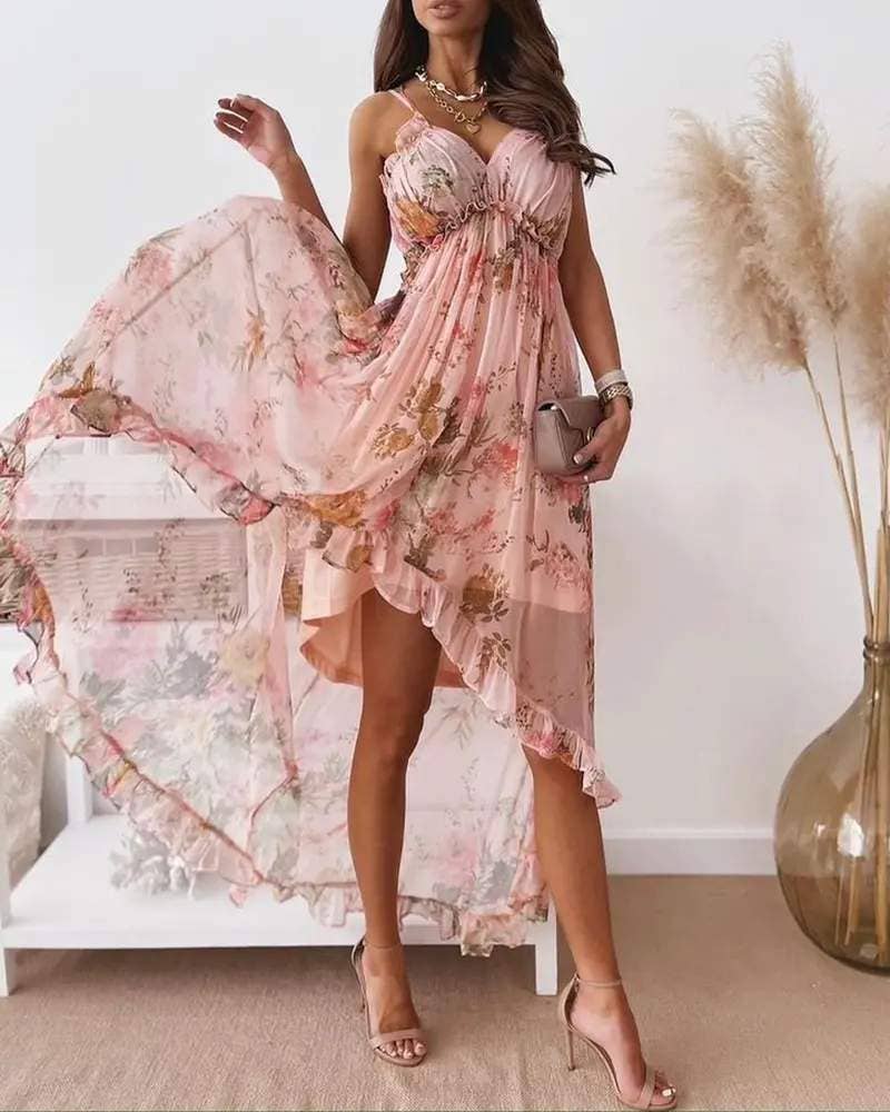 Frill hem ruffles floral print asymmetrical dress
