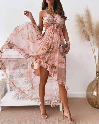 Frill hem ruffles floral print asymmetrical dress