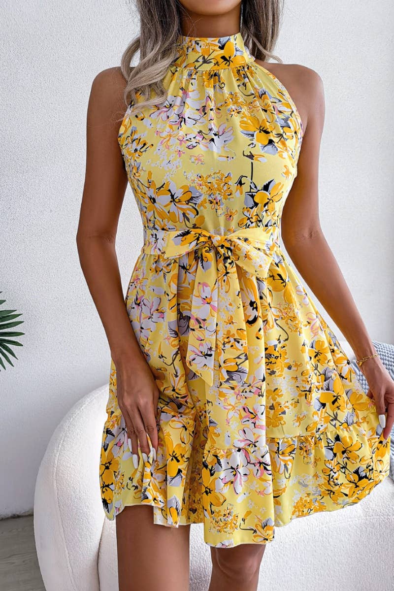 SUMMER LACE-UP FLORAL DRESS WITH RUFFLES